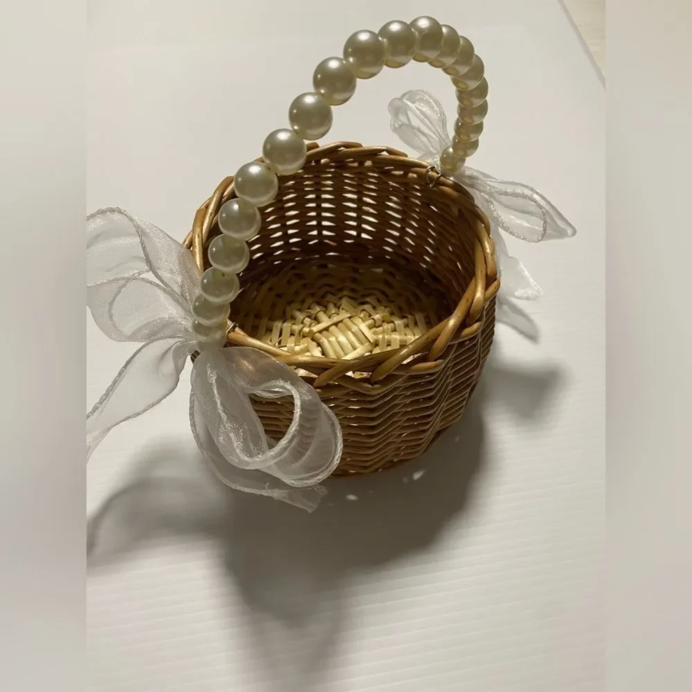 FLOWER GIRL BASKET Pearl handle white ribbon wicker ratan  wedding decor